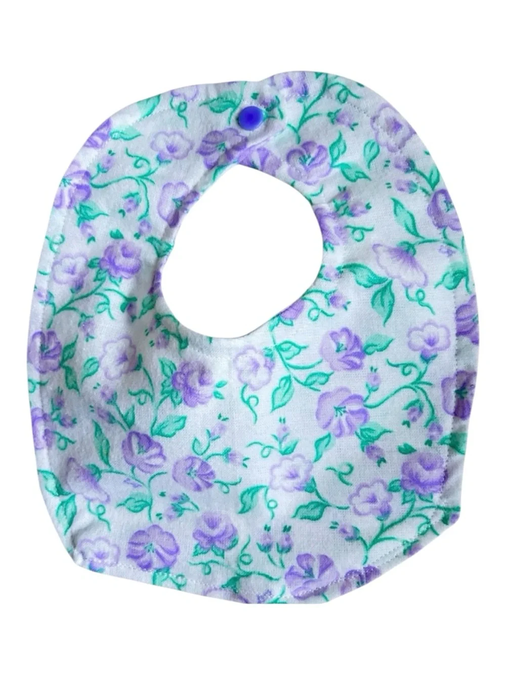 Hand Crafted Purple Floral Baby Bib with Green Leaves Soft Flannel 0-3 months